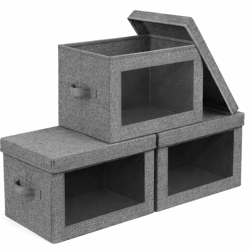 neatmethod® Collapsible Storage Bins with Lids, Window Fabric Organizers, Dark Grey