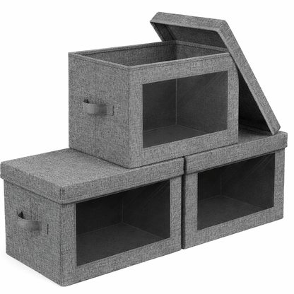 neatmethod® Collapsible Storage Bins with Lids, Window Fabric Organizers, Dark Grey