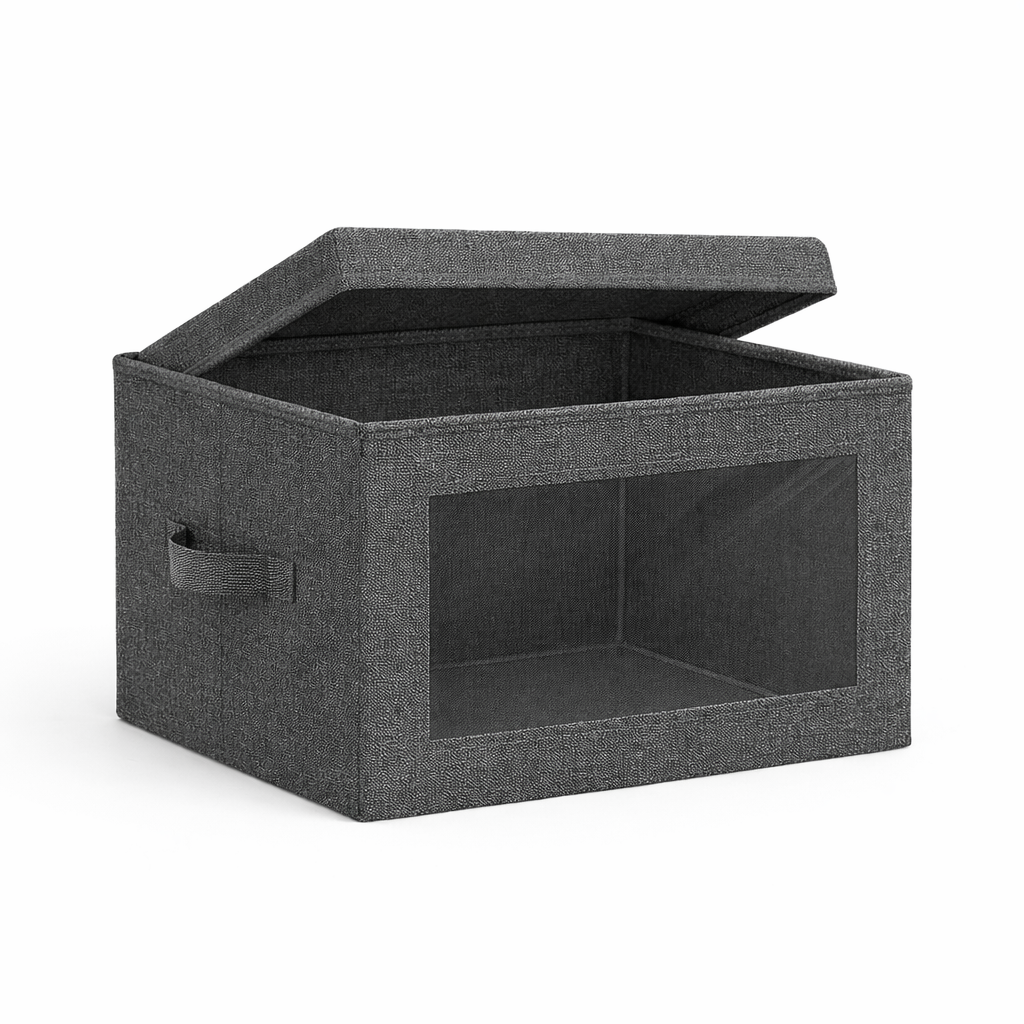 neatmethod® Collapsible Storage Bins with Lids, Window Fabric Organizers, Dark Grey