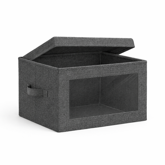 neatmethod® Collapsible Storage Bins with Lids, Window Fabric Organizers, Dark Grey