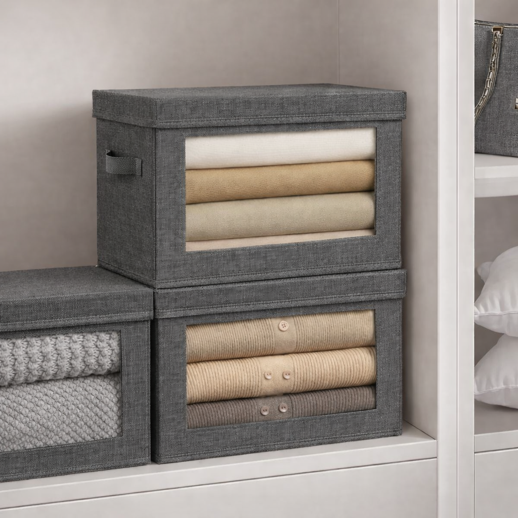 neatmethod® Collapsible Storage Bins with Lids, Window Fabric Organizers, Dark Grey