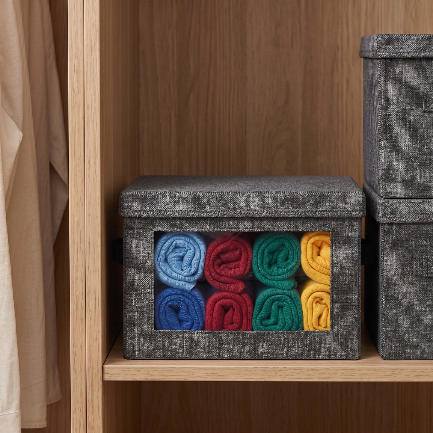 neatmethod® Collapsible Storage Bins with Lids, Window Fabric Organizers, Dark Grey