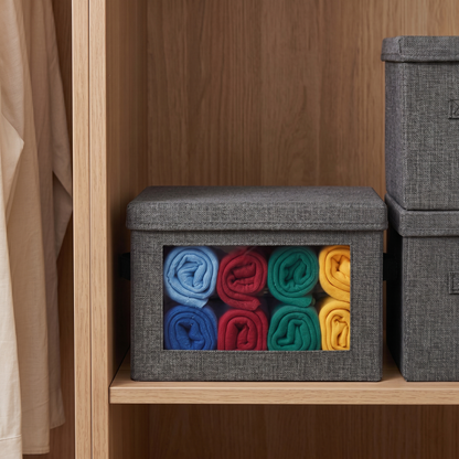 neatmethod® Collapsible Storage Bins with Lids, Window Fabric Organizers, Dark Grey