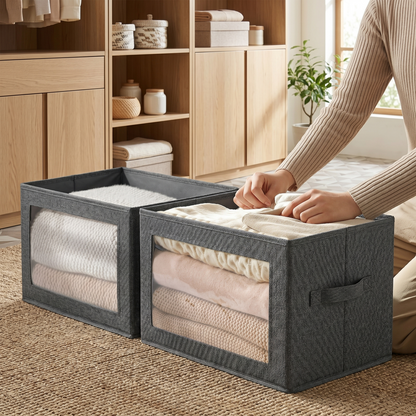 neatmethod® Collapsible Storage Bins with Lids, Window Fabric Organizers, Dark Grey